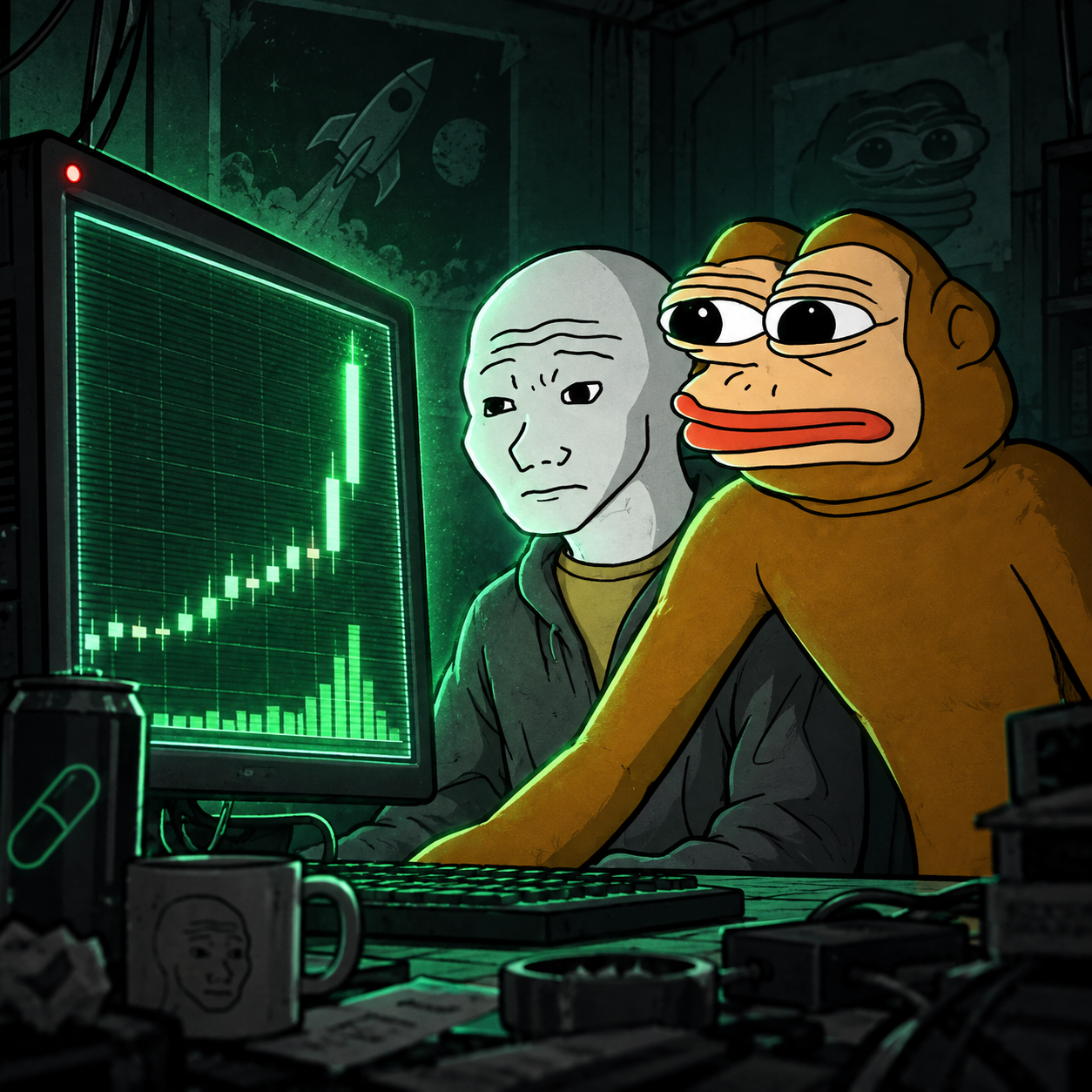 Two Pumpwatchers staring at a glowing green chart in a dark trading room